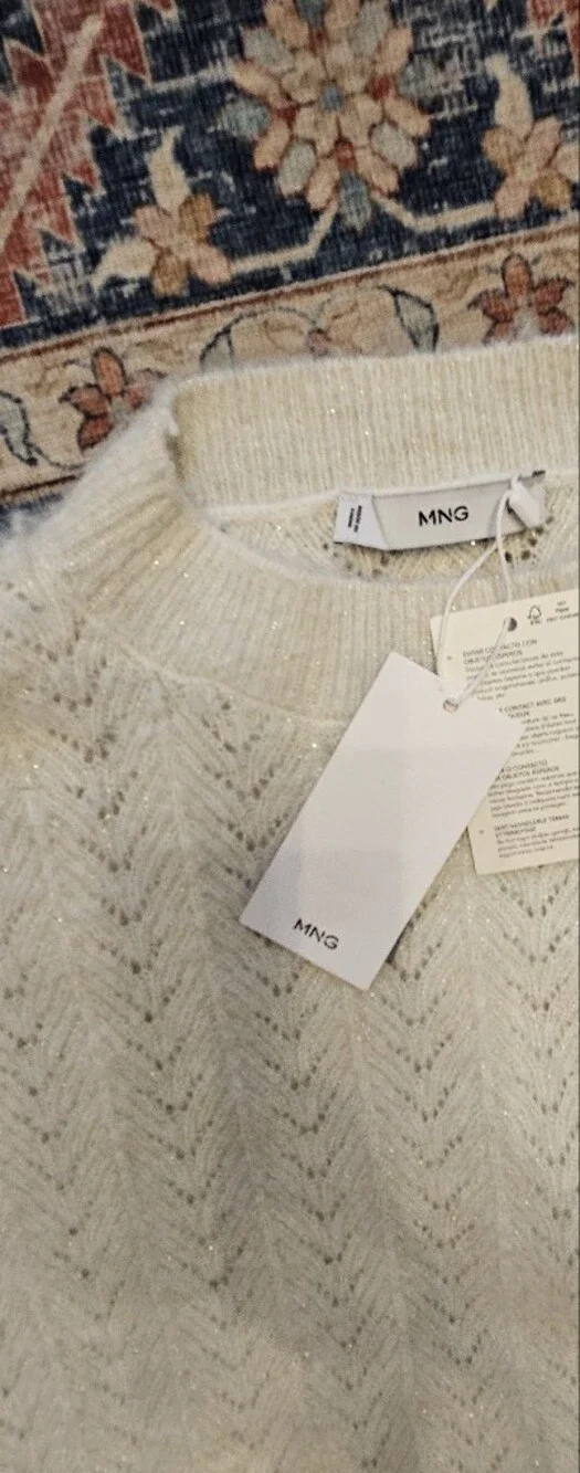 NWT Mango Ecru Cable-Knit Lurex Sweater with Black Sheer Hosiery Size L